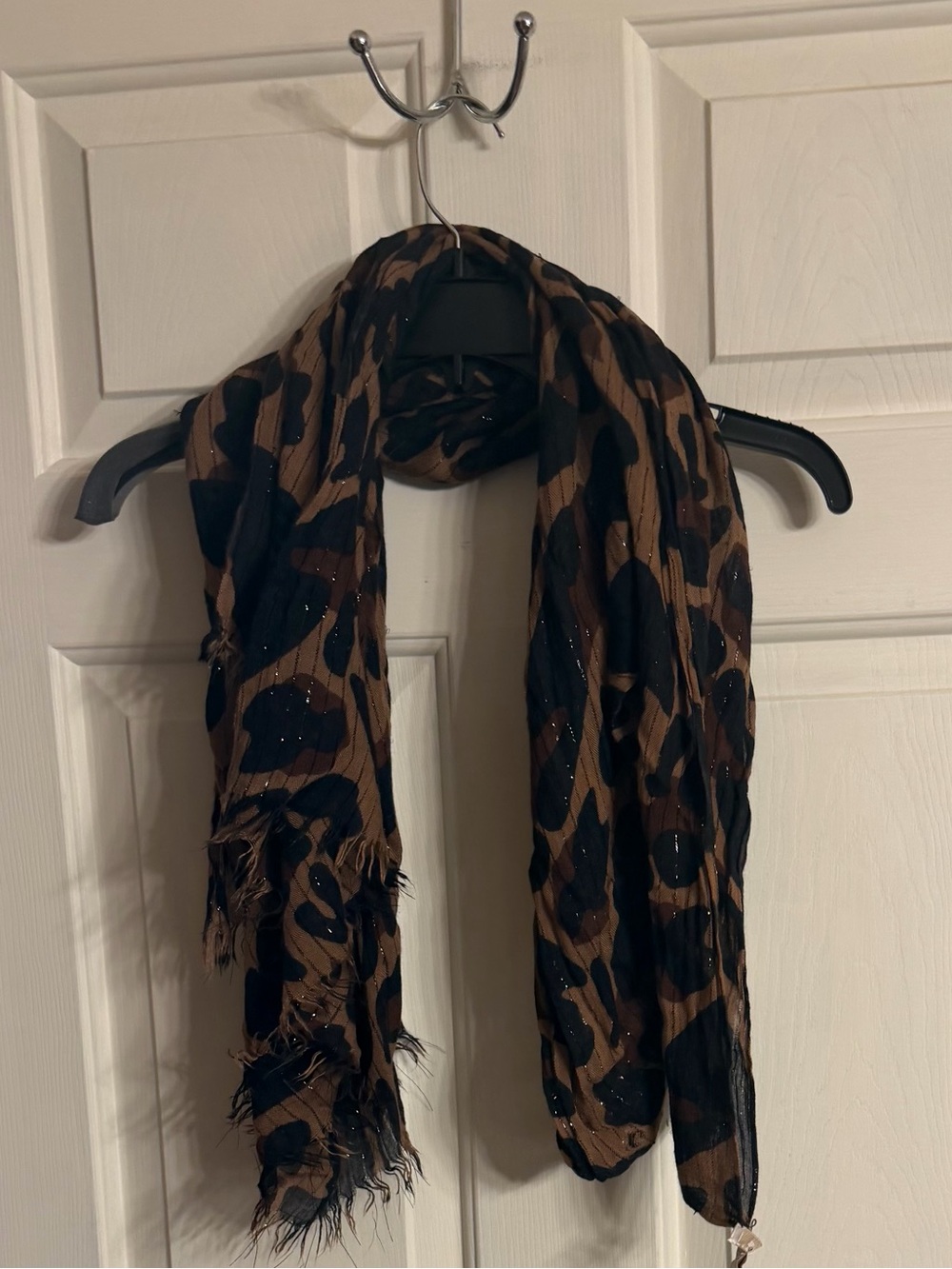 Chico's Brown and Black Leopard-Print Fringed Scarf